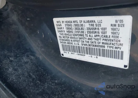 2006 Honda Odyssey Ex-L z USA, uszkodzony, nr VIN 5FNRL38706B005999